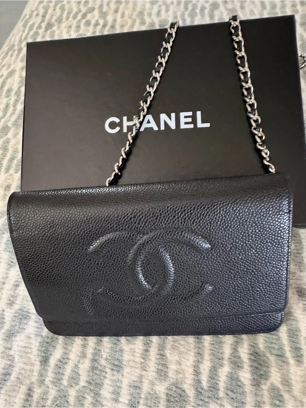 CHANEL Black Caviar Leather CC Flap Shoulder Bag with Silver Chain